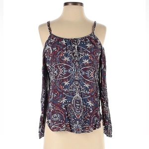 ✨ A&F Paisley Blue Red Off Shoulder Longsleeve Flowy Button Blouse Size XS